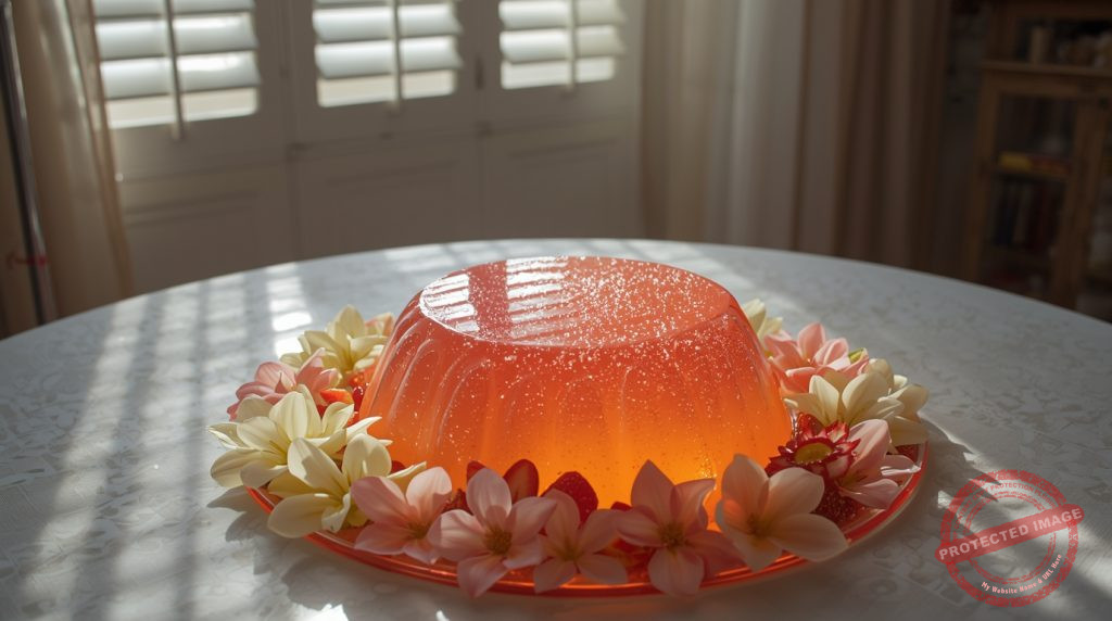 Gelatina desmoldada brillando, en una mesa con decorada