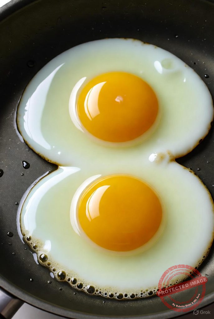 Huevos estrellados con la yema intacta cocinándose en sartén antiadherente