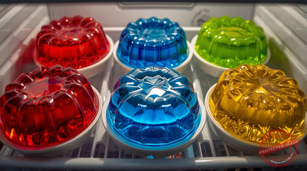 Moldes de gelatina en el refrigerador, con colores vibrantes visibles