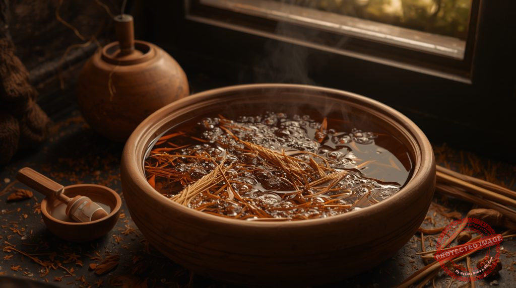 Olla con agua infusionada, mostrando anís estrellado y canela flotando