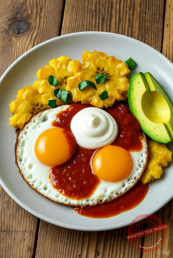Plato servido de huevos rancheros con salsa criolla, tostones y aguacate sobre mesa rústica