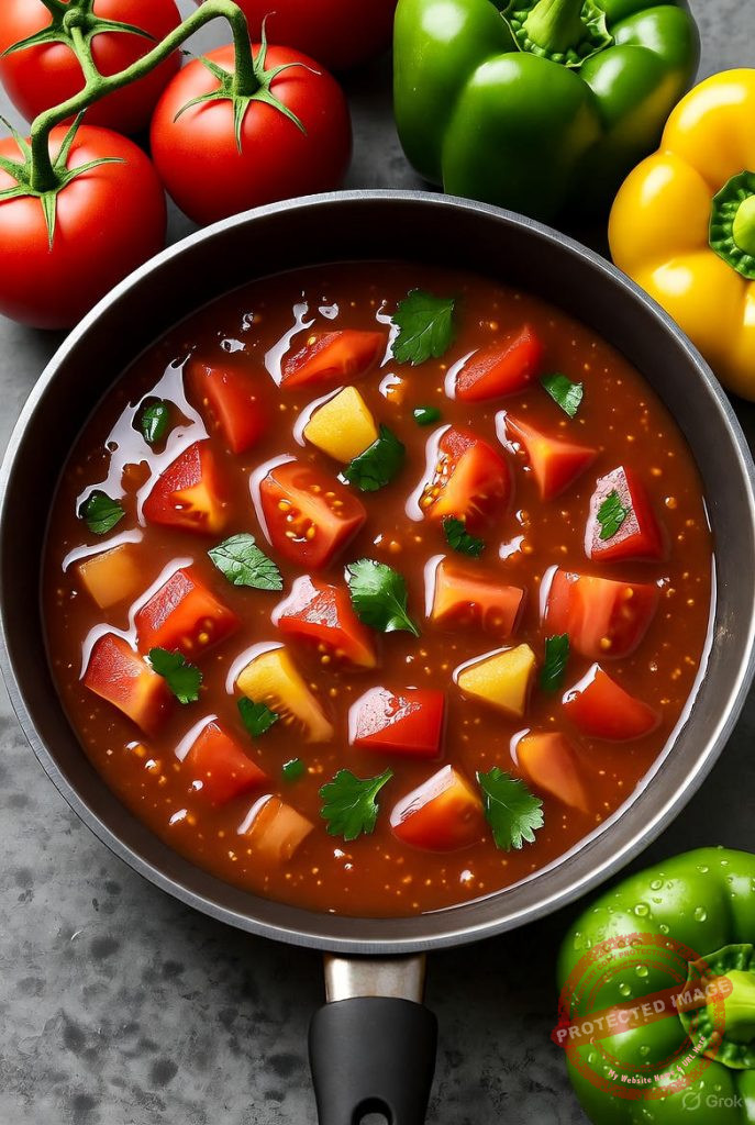 Salsa criolla cocinándose en sartén con colores vibrantes de vegetales frescos